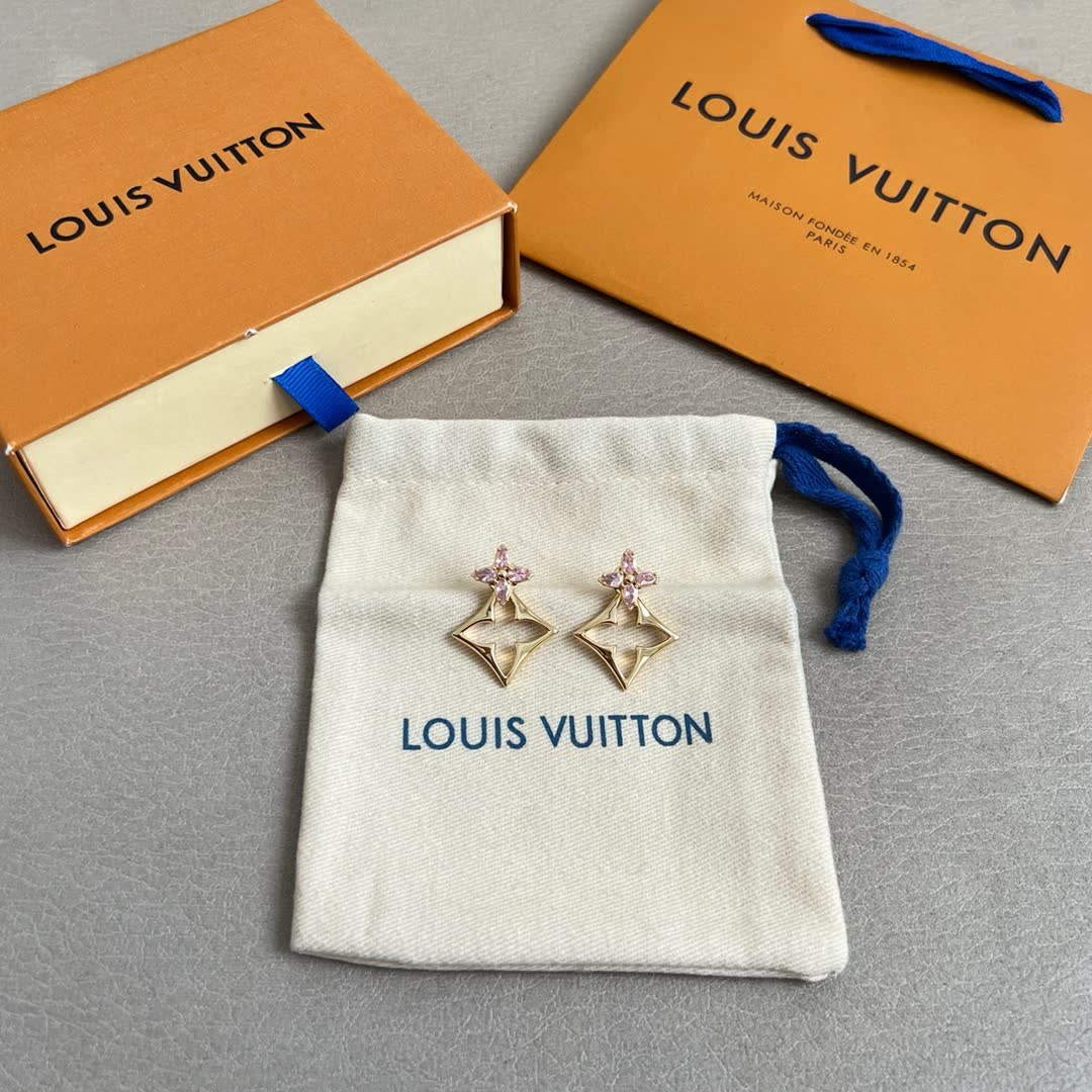 Louis Vuitton Gold Flower Stud Earrings with Pink Stones